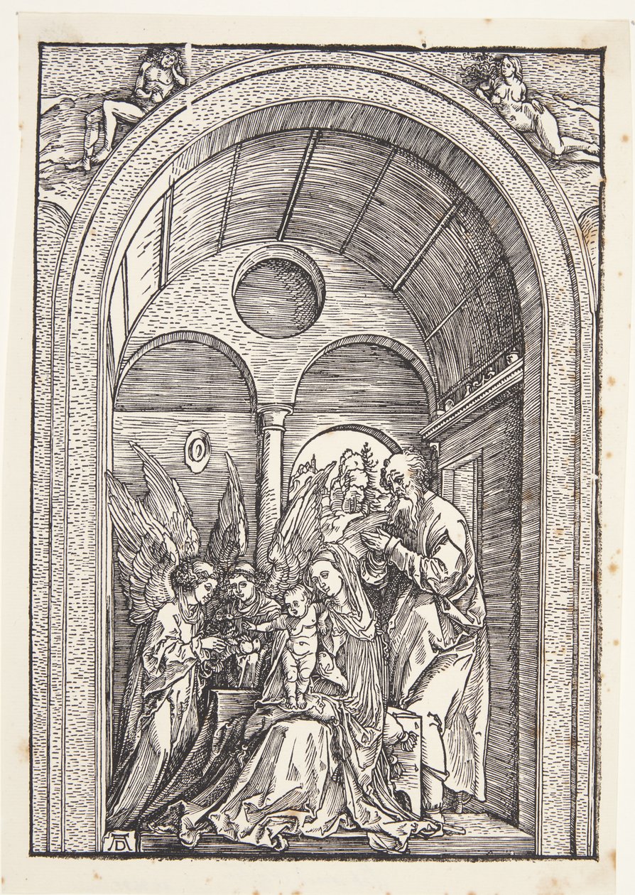 Święta Rodzina z dwoma aniołami w sklepionej sali autorstwa Albrecht Dürer