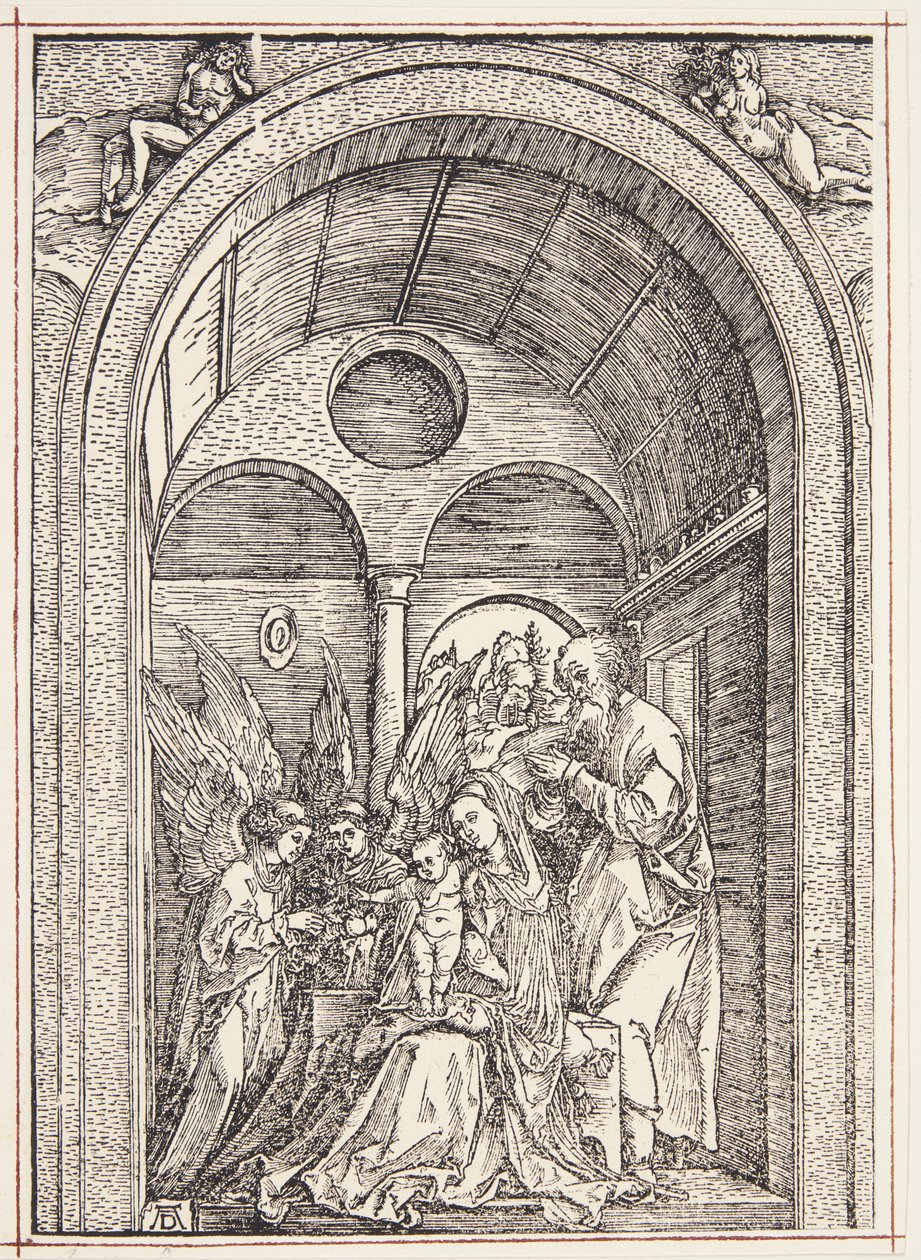 Święta Rodzina z dwoma aniołami w sklepionej sali autorstwa Albrecht Dürer