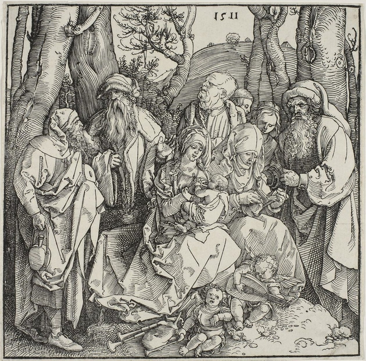 Święte pokrewieństwo i dwa muzyczne anioły autorstwa Albrecht Dürer
