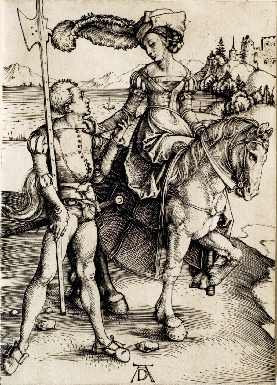 Dama na koniu z halabardnikiem autorstwa Albrecht Dürer