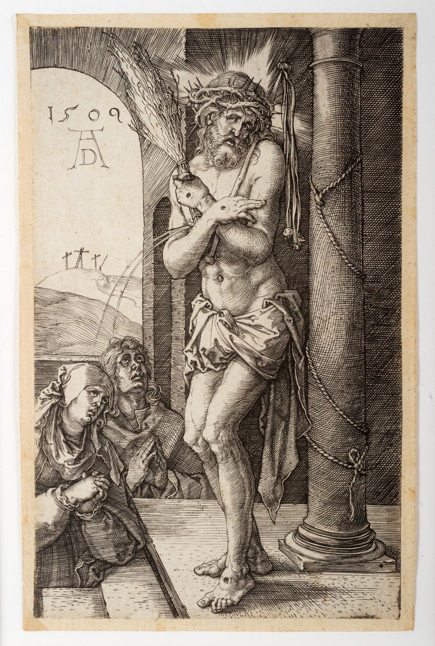 Człowiek Boleści przy kolumnie z Dziewicą i św. Janem, z "Pasji grawerowanej" autorstwa Albrecht Dürer