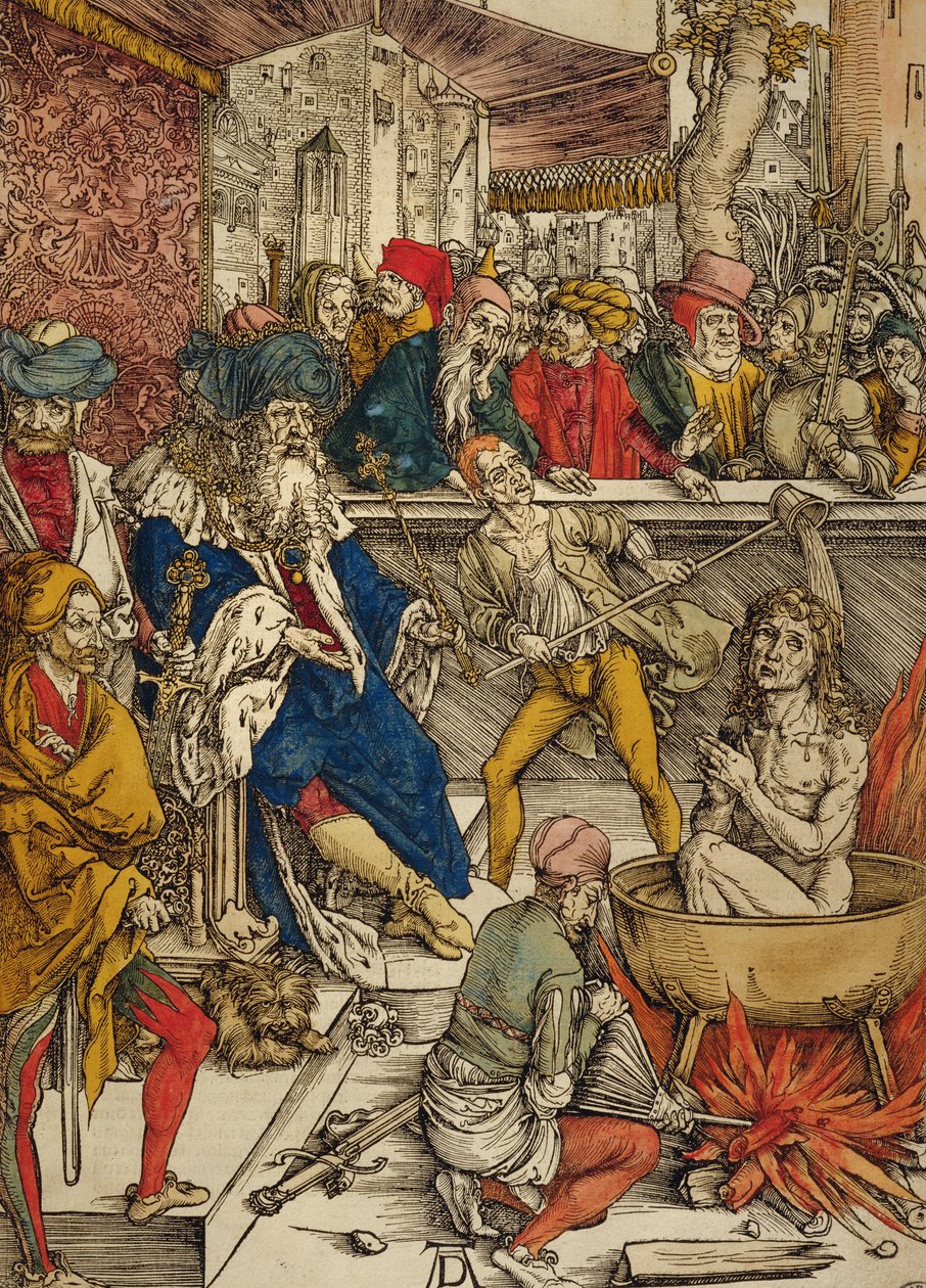 Męczeństwo św. Jana, 1498 (kolorowy drzeworyt) autorstwa Albrecht Dürer