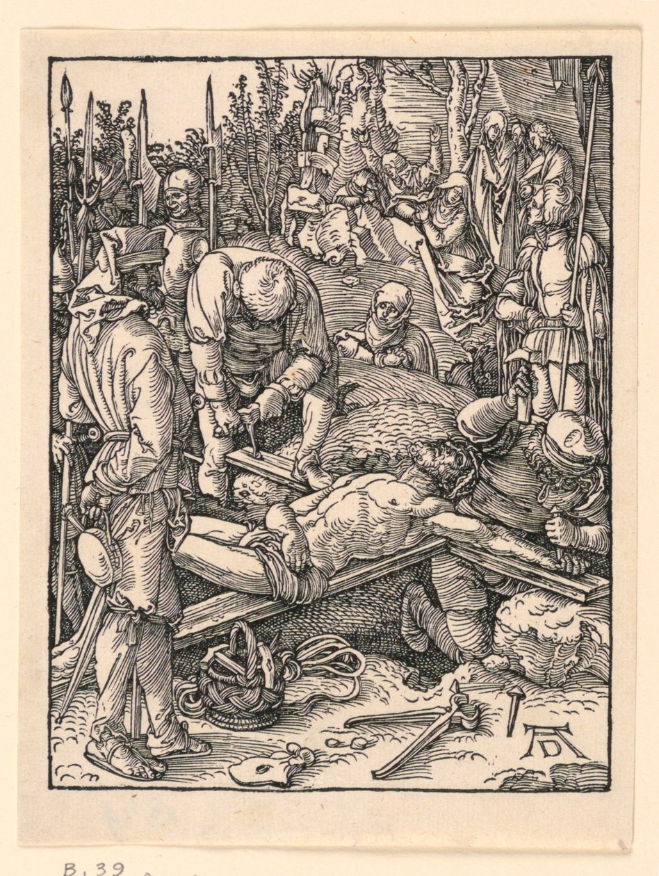 Przybicie do krzyża, z serii Little Passion autorstwa Albrecht Dürer