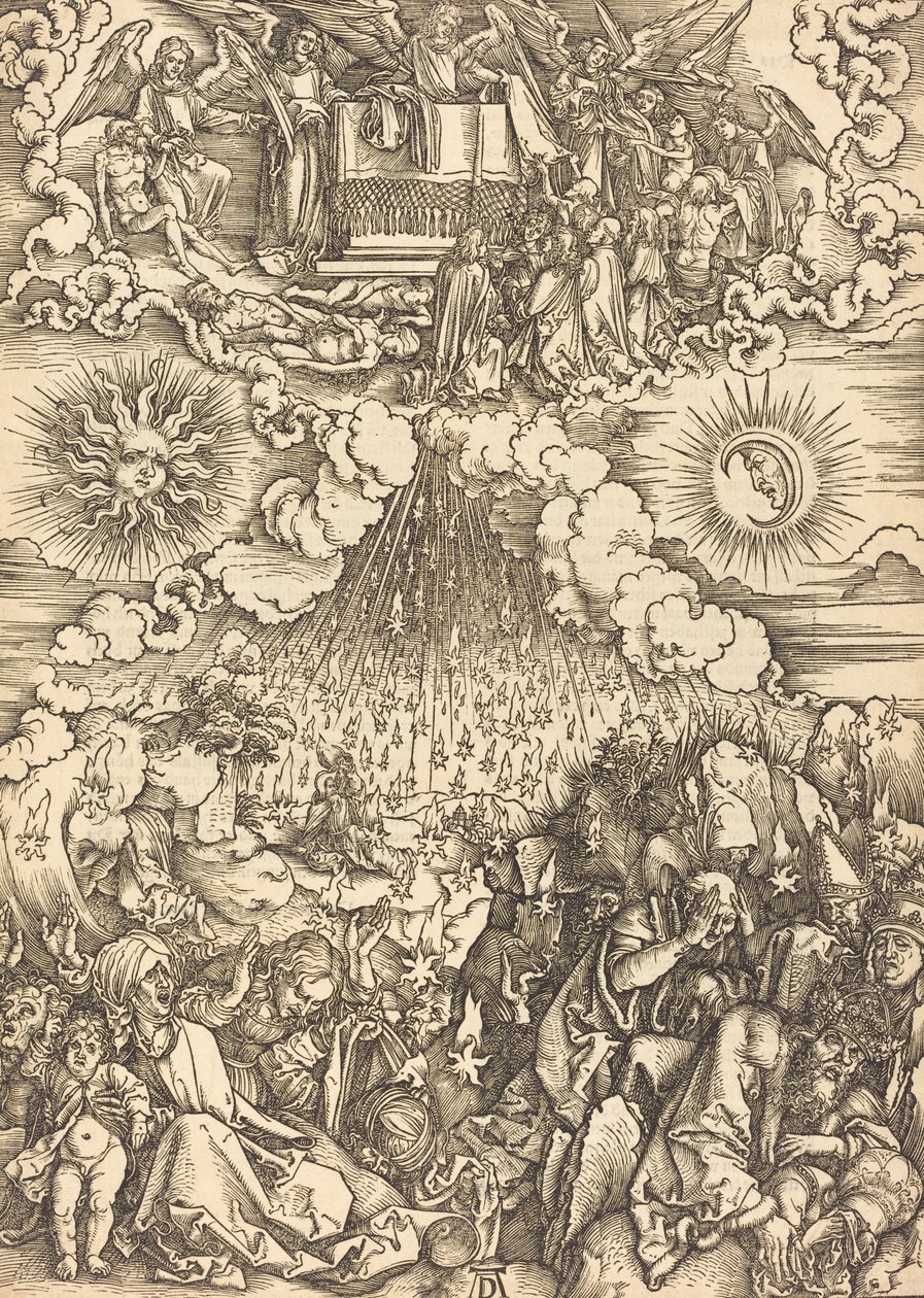 Otwarcie piątej i szóstej pieczęci, prawdopodobnie ok. 14961498. autorstwa Albrecht Dürer