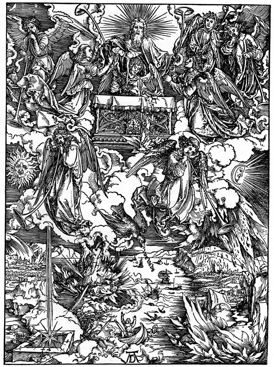 Otwarcie siódmej pieczęci, Siedmiu aniołów z trąbami, 1498, 1936 autorstwa Albrecht Dürer