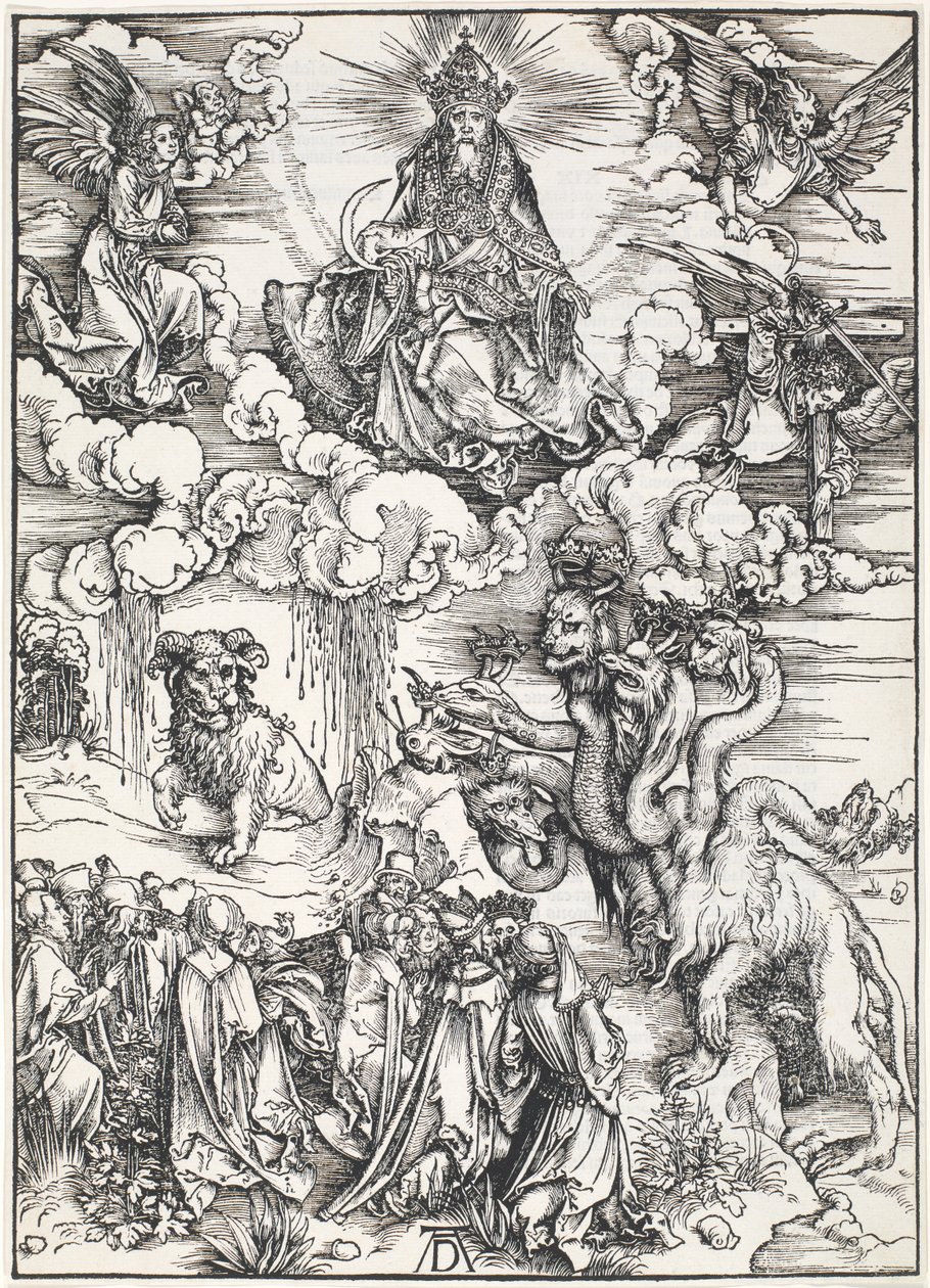 Siedmiogłowa Bestia i Bestia z Baranimi Rogami, z Apokalipsy św. Jana, 1496-98 autorstwa Albrecht Dürer