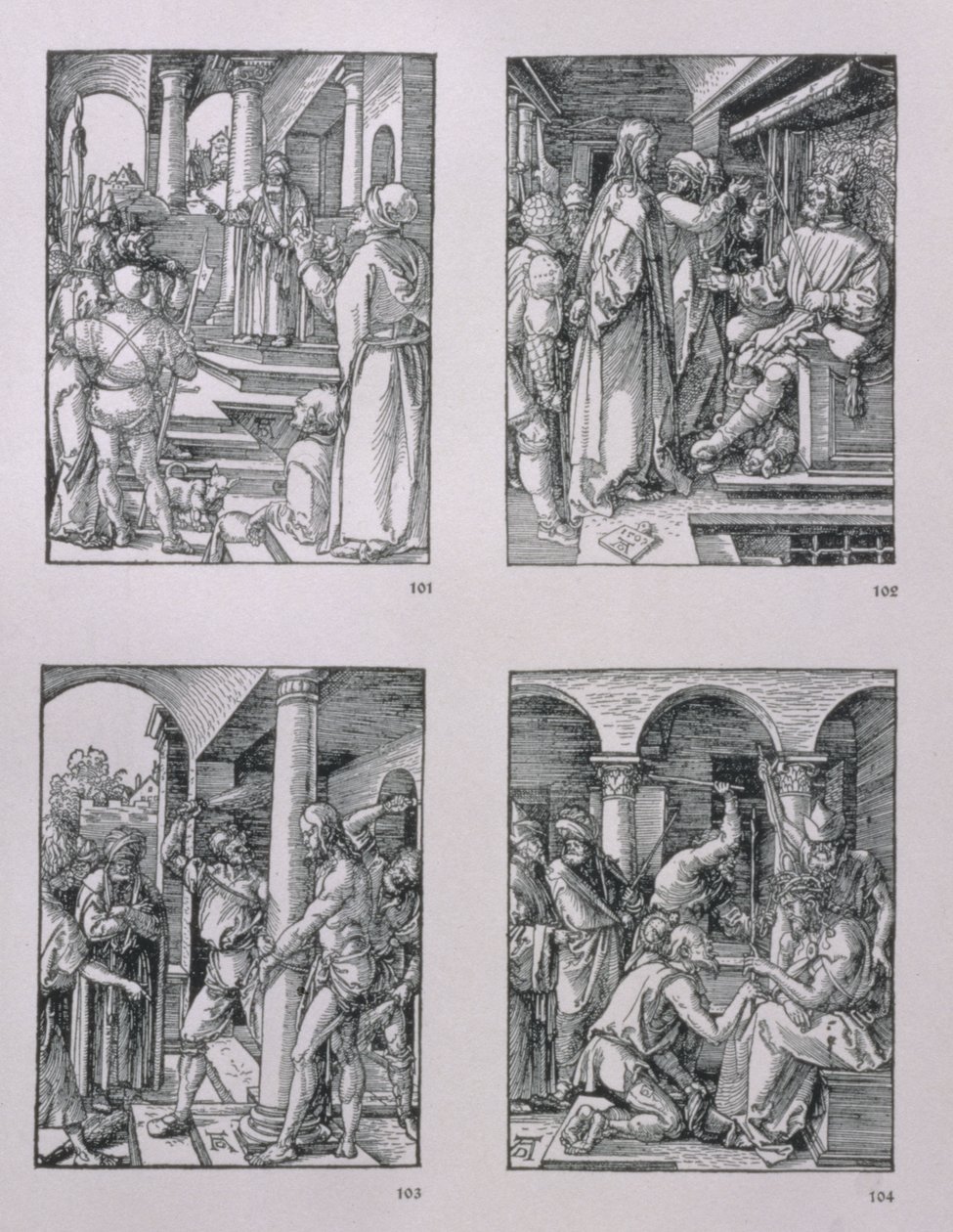 Seria „Mała pasja” (zgodnie z ruchem wskazówek zegara): Chrystus przed Piłatem; Chrystus przed Herodem; Biczowanie; Ukoronowanie cierniem, wyd. 1511 autorstwa Albrecht Dürer