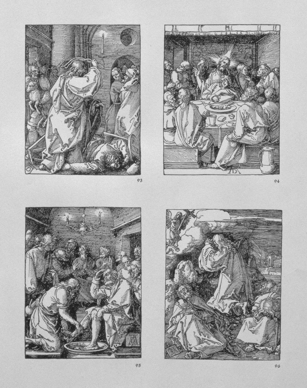 Seria „Mała pasja”: (zgodnie z ruchem wskazówek zegara) Chrystus wypędzający kantorów ze świątyni; Ostatnia Wieczerza; Chrystus umywa stopy Piotrowi; Agonia w ogrodzie, wyd.1511 autorstwa Albrecht Dürer