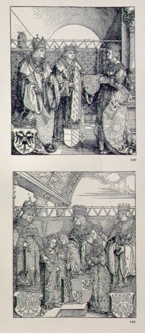 Łuk triumfalny cesarza Maksymiliana I (1459-1519): detal przedstawiający dwa panele umieszczone nad lewym portalem, przedstawiające wydarzenia z życia cesarza Maksymiliana, pub. 151728 autorstwa Albrecht Dürer