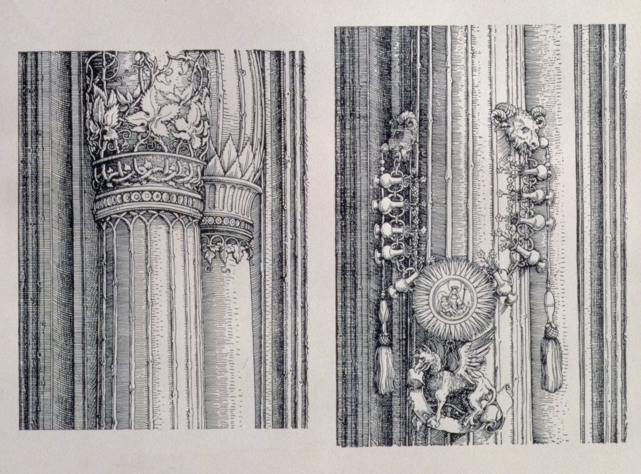 Łuk triumfalny cesarza Maksymiliana I Niemiec (1459-1519): dwa detale centralnej Bramy Honoru i Władzy przedstawiające lewą kolumnę i zdobienia kapitału, datowane na 1515 r., wyd. 151718 (nie autorstwa Albrecht Dürer