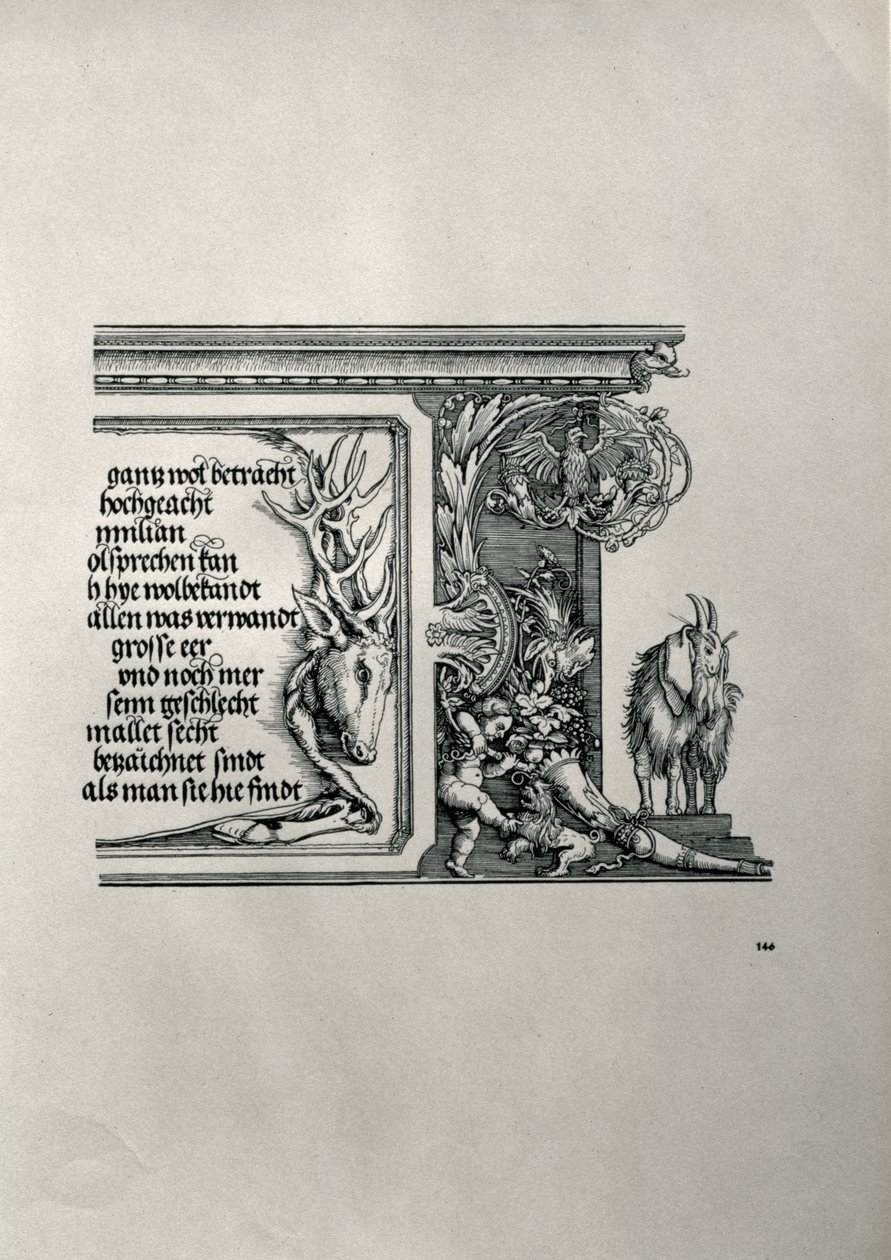 Łuk triumfalny cesarza Maksymiliana I w Niemczech 1459-1519: detal skóry jelenia z inskrypcją wychwalającą powiązania rodzinne cesarza, z kozłem z klapniętymi uszami, symbolem bystrości umysłu. autorstwa Albrecht Dürer