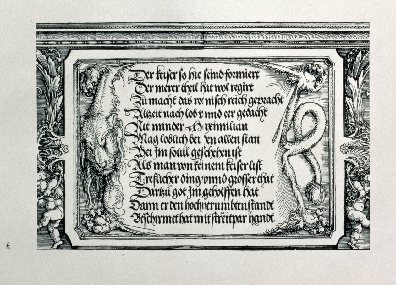Łuk triumfalny cesarza Maksymiliana I Niemiec 1459-1519: szczegół schematu dekoracyjnego przedstawiający lwią skórę z napisem wychwalającym związki z rodziną cesarzy, wyd. 151718 drzeworyt autorstwa Albrecht Dürer