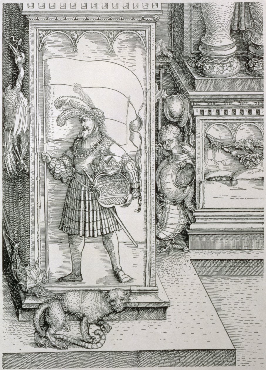 Łuk triumfalny cesarza Maksymiliana I w Niemczech 1459-1519: detal podstawy kolumny portalu z rzeźbioną płaskorzeźbą postaci męskiej niosącej sztandar i herb w koronie, pub. 151718 drzeworyt autorstwa Albrecht Dürer