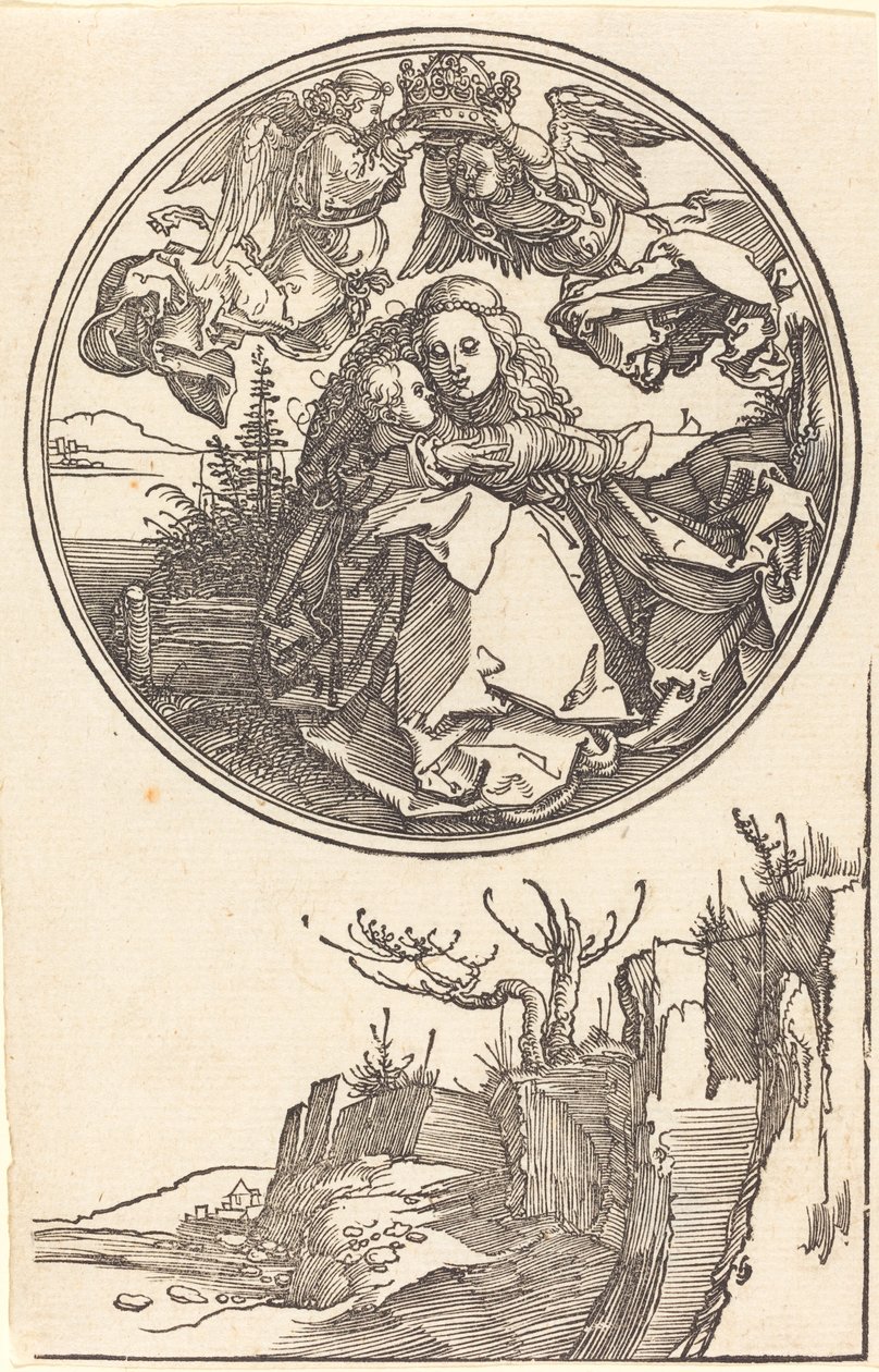 Dziewica ukoronowana przez dwa anioły nad krajobrazem w roku 1515 lub wcześniej. autorstwa Albrecht Dürer