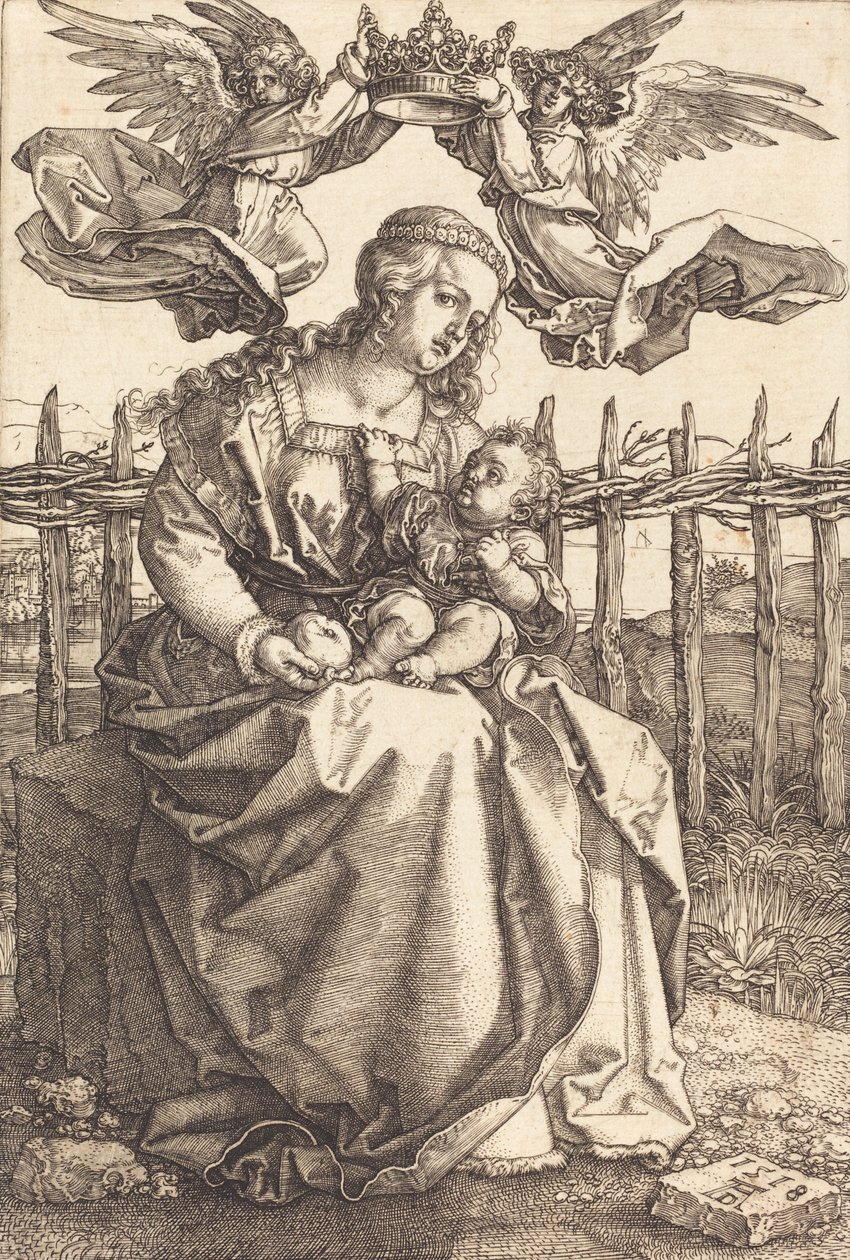Dziewica z Dzieciątkiem ukoronowana przez dwa anioły, 1518. autorstwa Albrecht Dürer