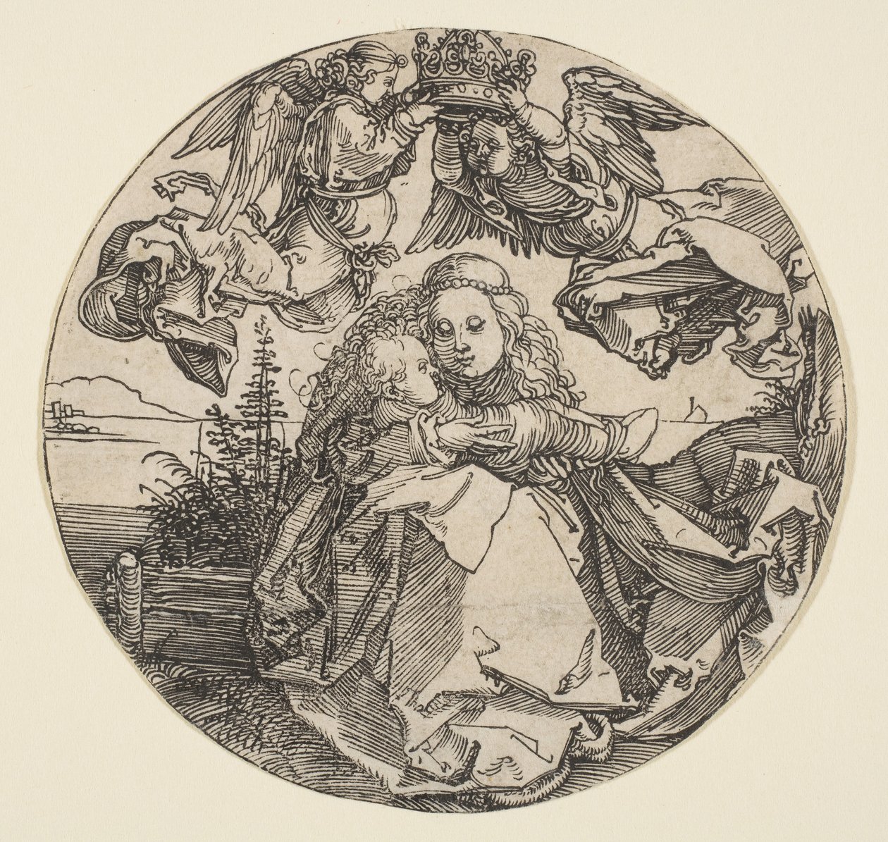 Dziewica z Dzieciątkiem ukoronowana przez dwa anioły nad wyciętym pejzażem, ok. godz. 1504. autorstwa Albrecht Dürer