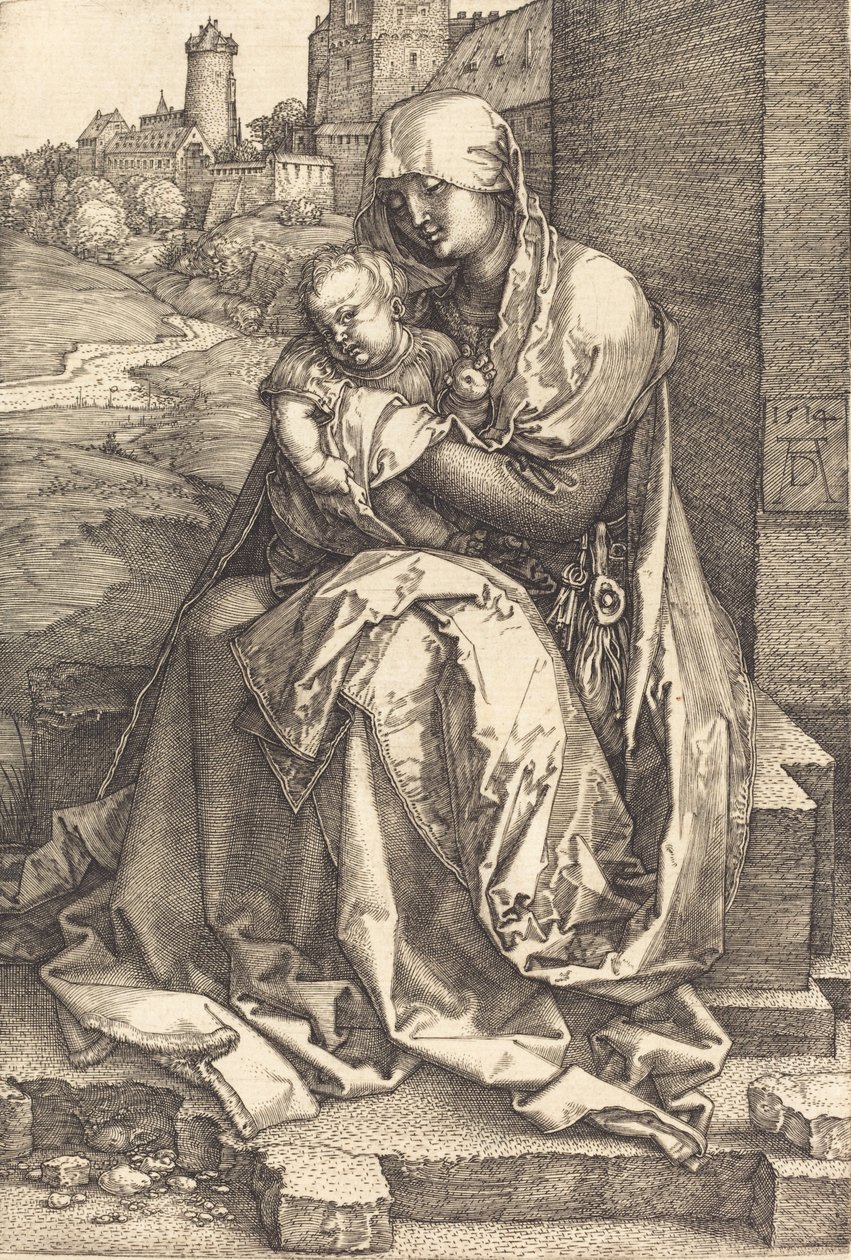 Dziewica z Dzieciątkiem siedzący przy murze, 1514. autorstwa Albrecht Dürer