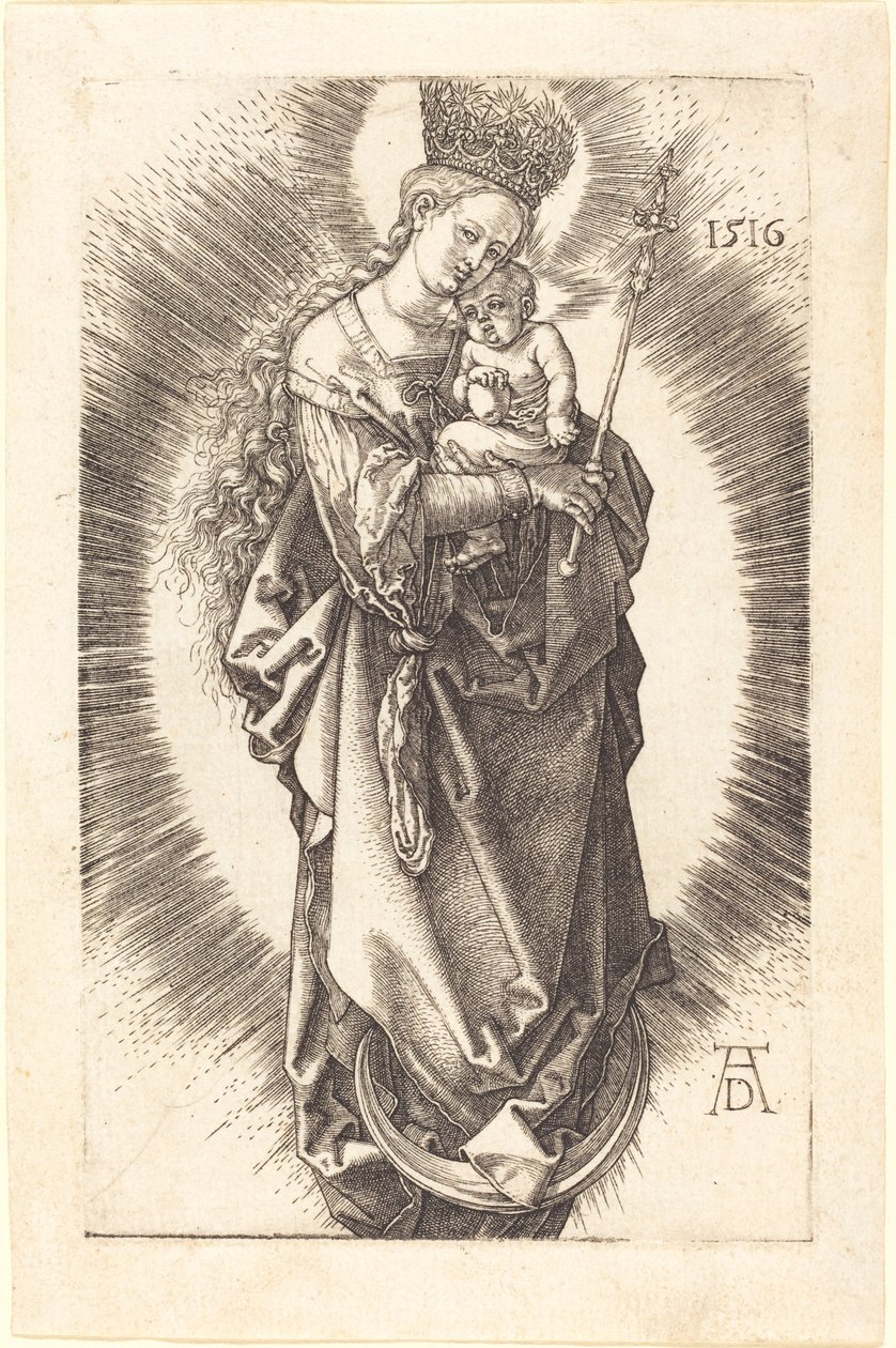 Dziewica z Dzieciątkiem na półksiężycu z berłem i gwiaździstą koroną autorstwa Albrecht Dürer
