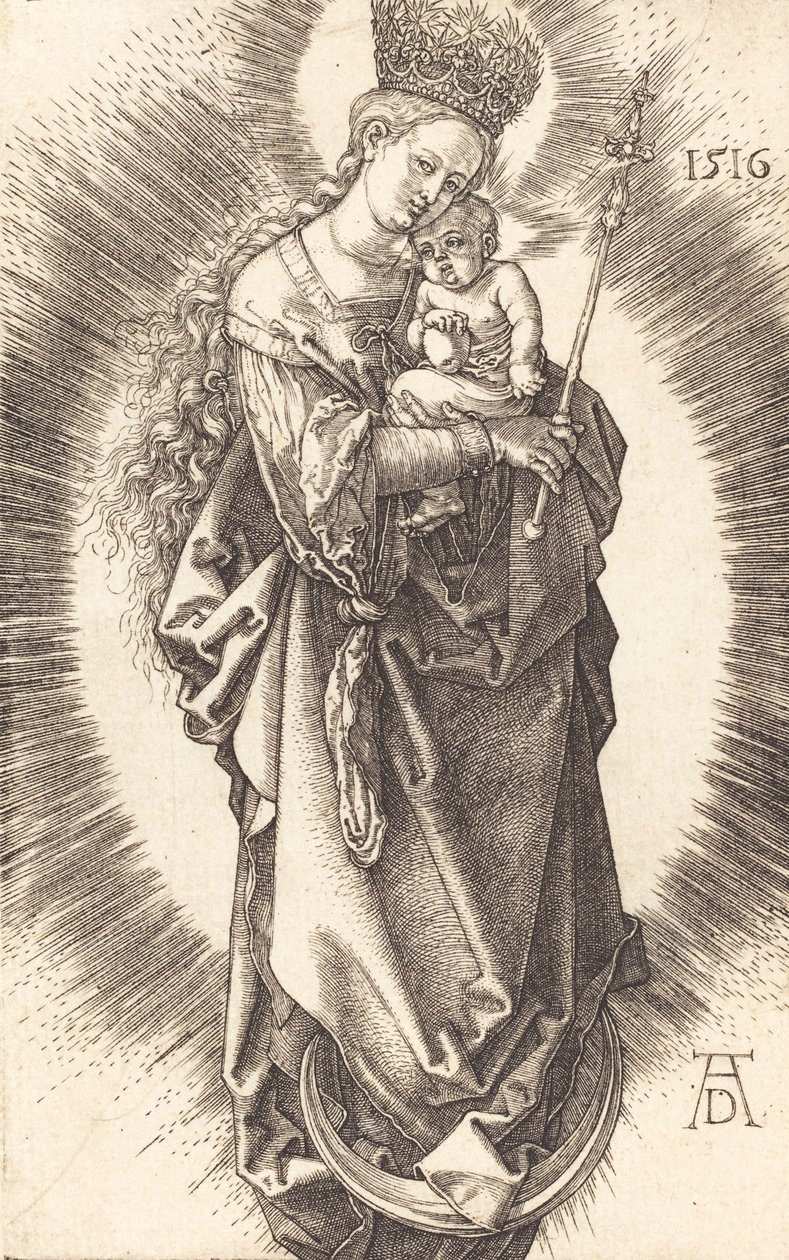 Dziewica z Dzieciątkiem na półksiężycu z berłem i gwiaździstą koroną, 1516. autorstwa Albrecht Dürer