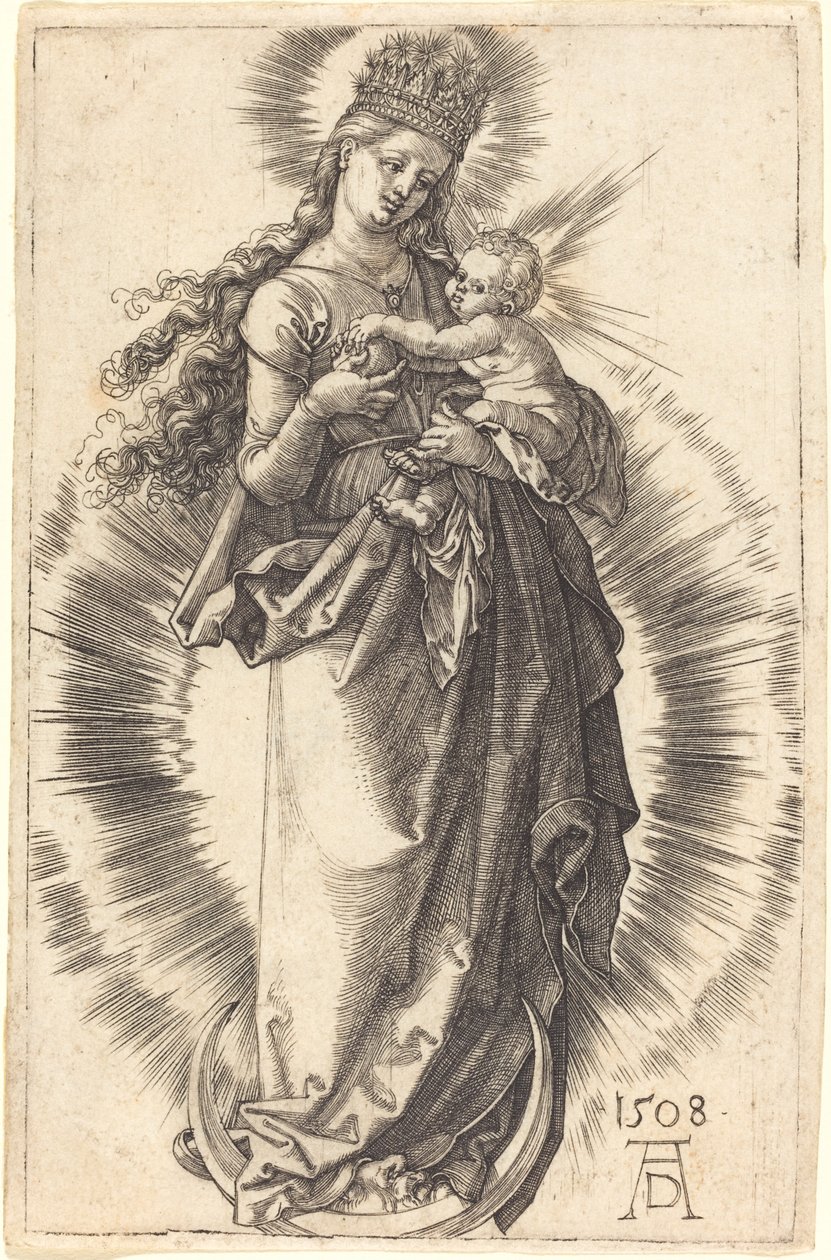 Dziewica z Dzieciątkiem na półksiężycu z gwiaździstą koroną autorstwa Albrecht Dürer