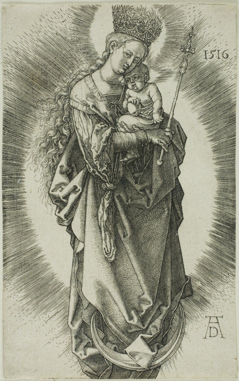 Dziewica na półksiężycu z koroną z gwiazd i berłem autorstwa Albrecht Dürer