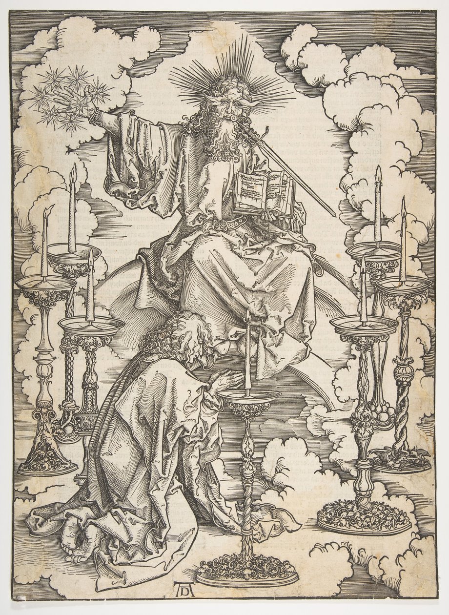 Wizja siedmiu świeczników z Apokalipsy, wydanie niemieckie 1498, ca. 1498. autorstwa Albrecht Dürer