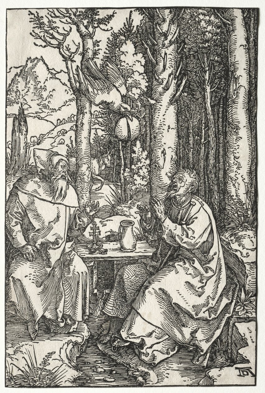 Wizyta św. Antoniego u św. Pawła Pustelnika, ok. godz. 1504. autorstwa Albrecht Dürer