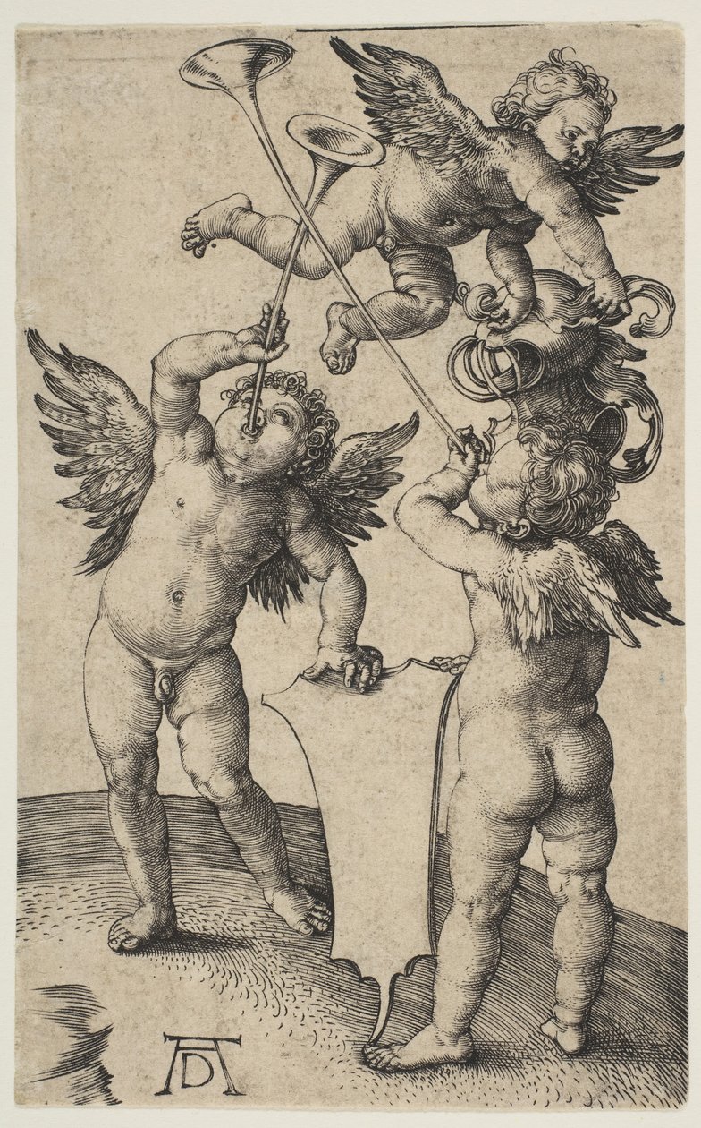 Trzy Putti z trąbkami, ca. 1500. autorstwa Albrecht Dürer
