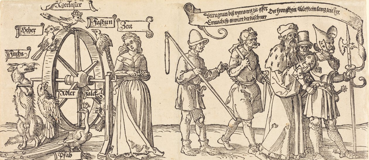 Czas i lis obracający kołem fortuny z ludźmi wszystkich rang na prawo, prawdopodobnie 1526. autorstwa Albrecht Dürer
