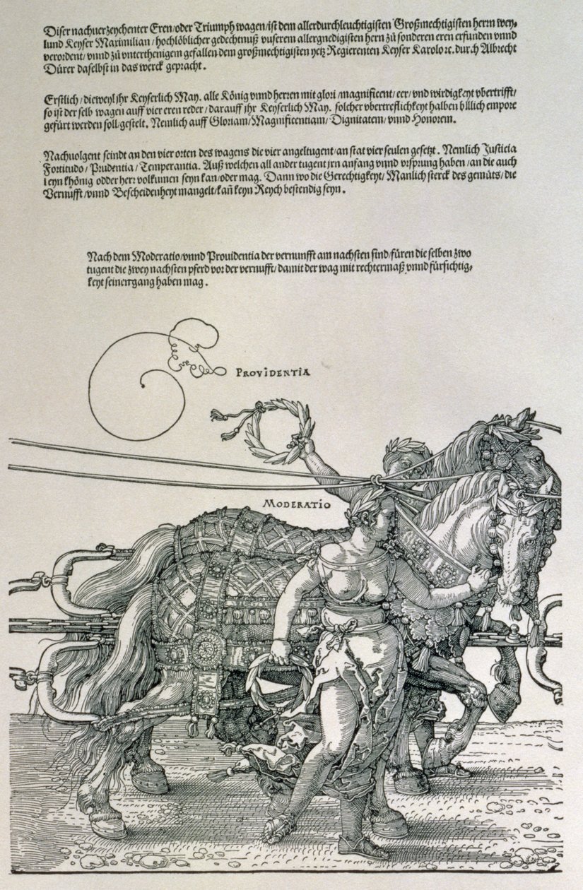 Rydwan triumfalny cesarza Maksymiliana I (1459-1519): szczegóły zaprzęgów konnych, prowadzonych przez dwie cnoty, Opatrzność i Umiarkowanie, wyd. ok. 1518 (drzeworyt) autorstwa Albrecht Dürer