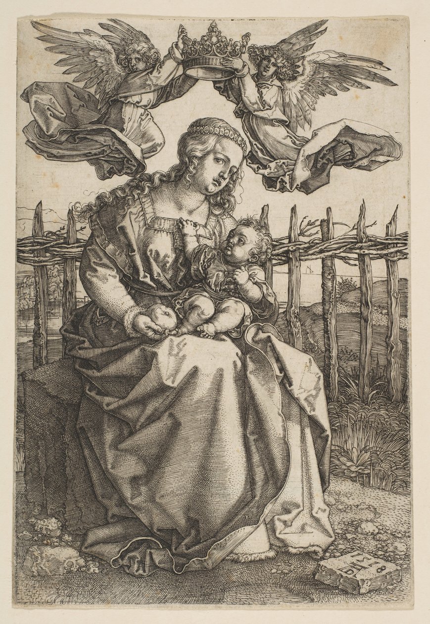 Dziewica z Dzieciątkiem ukoronowana przez dwa anioły, 1518. autorstwa Albrecht Dürer