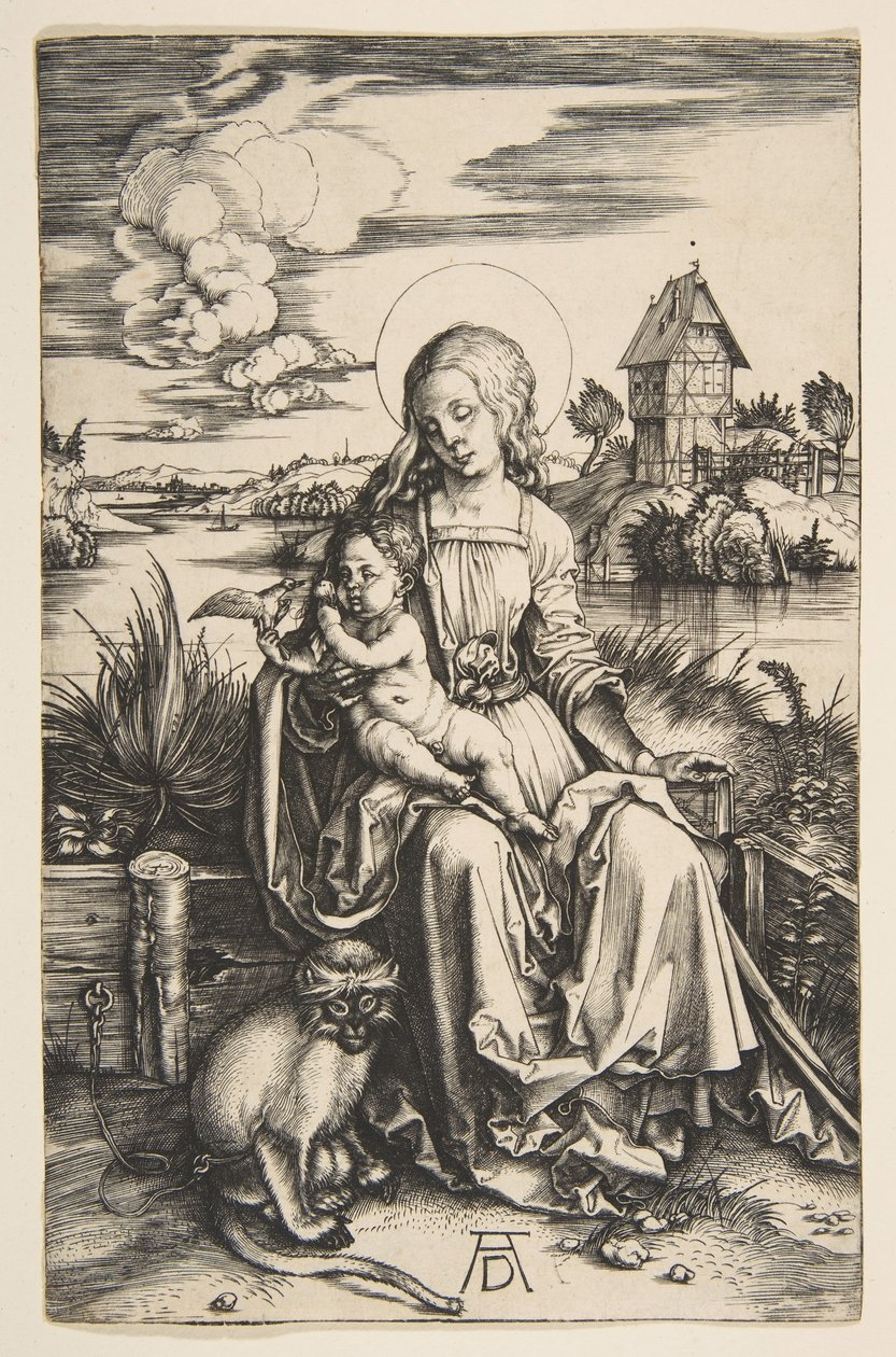 Dziewica z Dzieciątkiem z Małpą, ca. 1498. autorstwa Albrecht Dürer