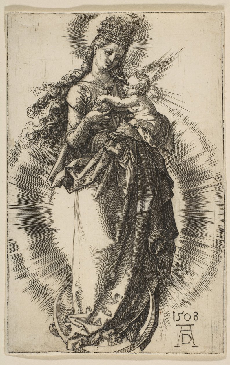 Dziewica na półksiężycu z gwiaździstą koroną, 1508. autorstwa Albrecht Dürer