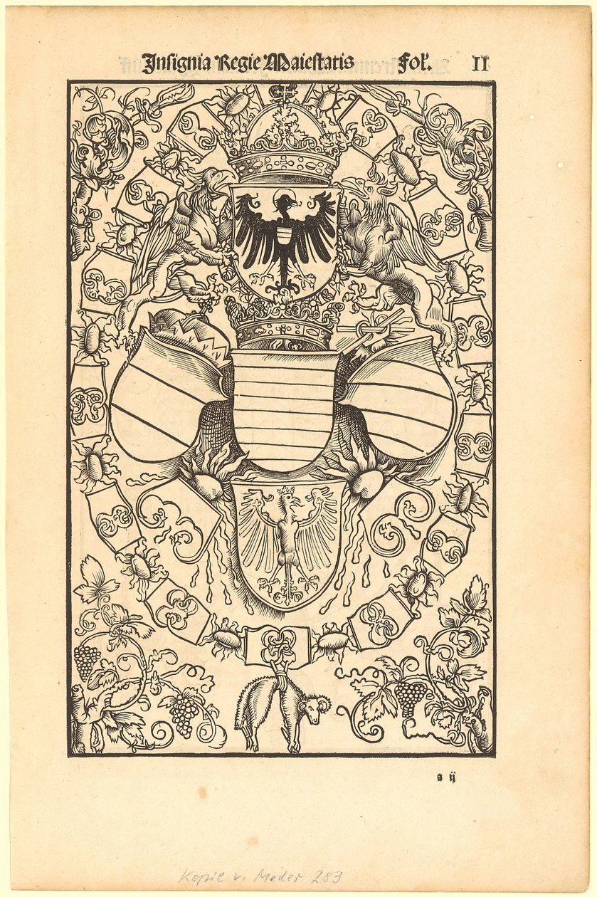 Herb Maksymiliana I jako króla rzymskiego [recto]; herb Floriana Waldaufa (Waldauffa) z Waldensteinu [verso] autorstwa Albrecht Dürer