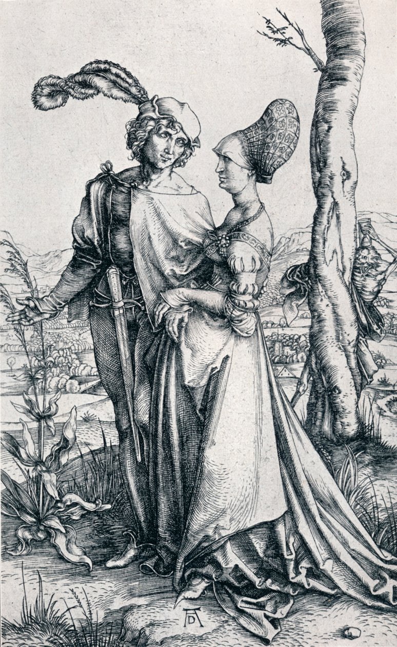 Młoda para zagrożona śmiercią” lub „Promenada, 1495, 1906” autorstwa Albrecht Dürer