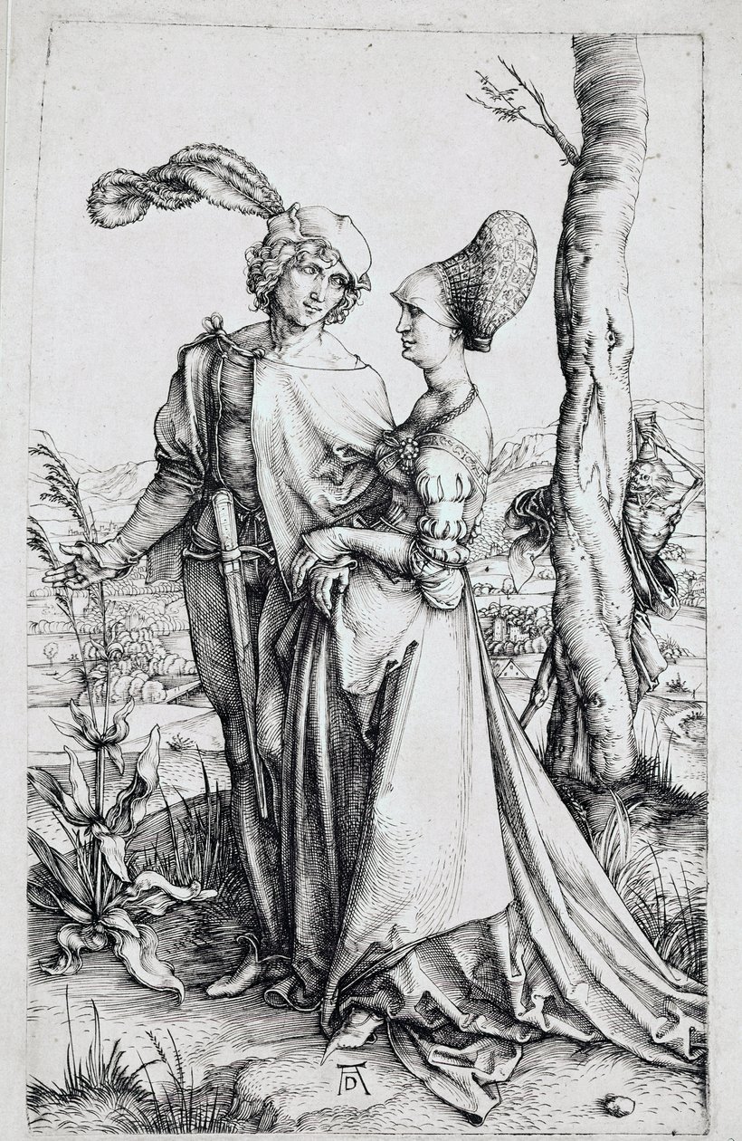 Para spacerująca, obserwowana przez Śmierć ukrytą za drzewem, trzymającą klepsydrę). Grawer Albrechta Durera (1471-1528) 1496-1498 wym. 19x12 cm Berlin, szafka do grawerowania autorstwa Albrecht Dürer