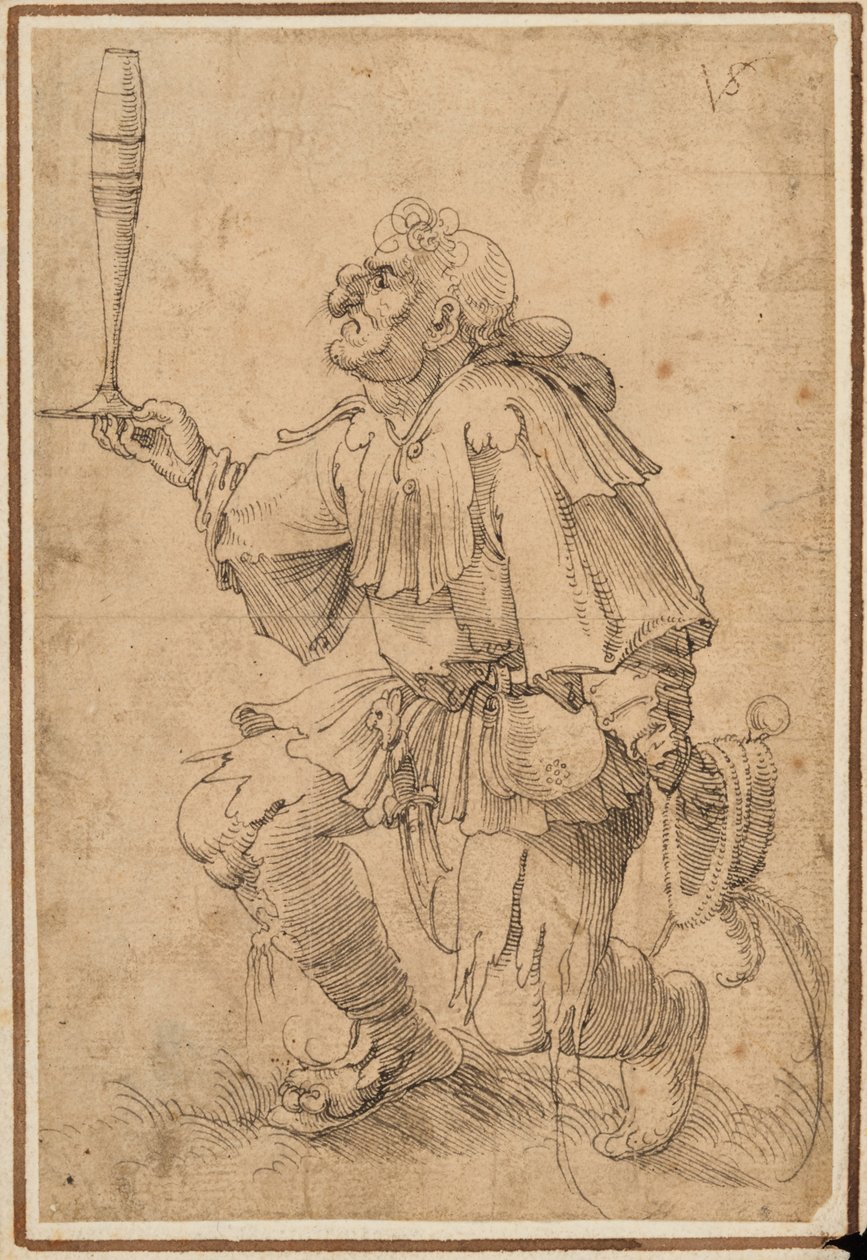 Groteskowy klęczący mężczyzna trzymający u podstawy wysoką szklankę piwa autorstwa Albrecht Dürer
