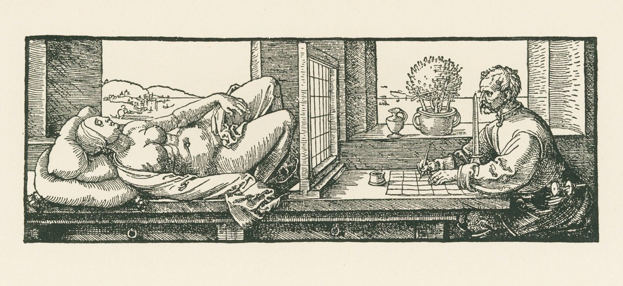Mężczyzna rysujący leżącą kobietę autorstwa Albrecht Dürer or Duerer