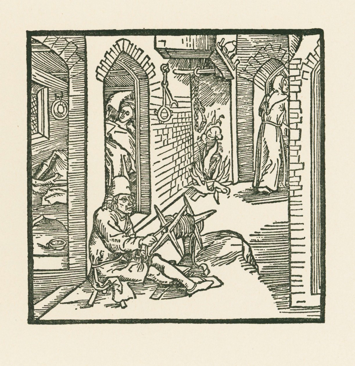 Producent lin widzi mnicha opuszczającego komnatę swojej niewiernej żony autorstwa Albrecht Dürer or Duerer