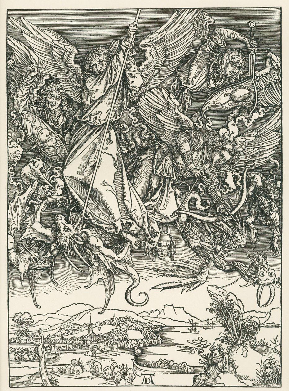 Archanioł Michał walczący ze smokiem. Objawienie Świętego Jana, ok. 1498 (drzeworyt) autorstwa Albrecht Dürer or Duerer
