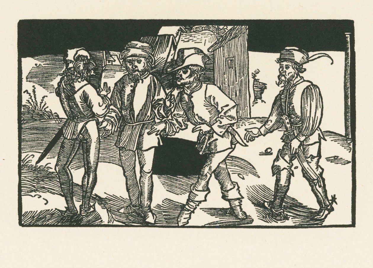 Clitipho, Menedemus, Chremes und Syrus, ok. 1492-93 (drzeworyt) autorstwa Albrecht Dürer or Duerer