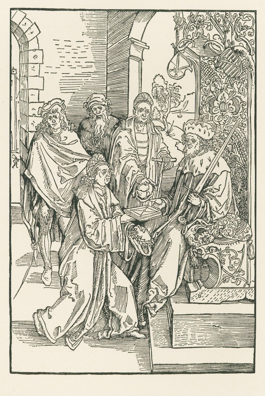 Conrad Celtes wręcza swoje wydanie Komedii Roswithy elektorowi Fryderykowi z Saksonii autorstwa Albrecht Dürer or Duerer