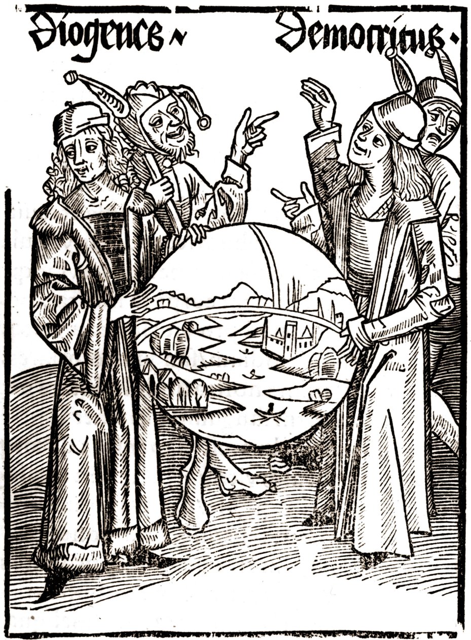 Diogenes (-413 - -327) i Demokryt (-460 - -370) - w „Das Narrenschif (Łódź głupców)” Sébastiena Brandta (1458 - 1521). Rytownictwo. autorstwa Albrecht Dürer
