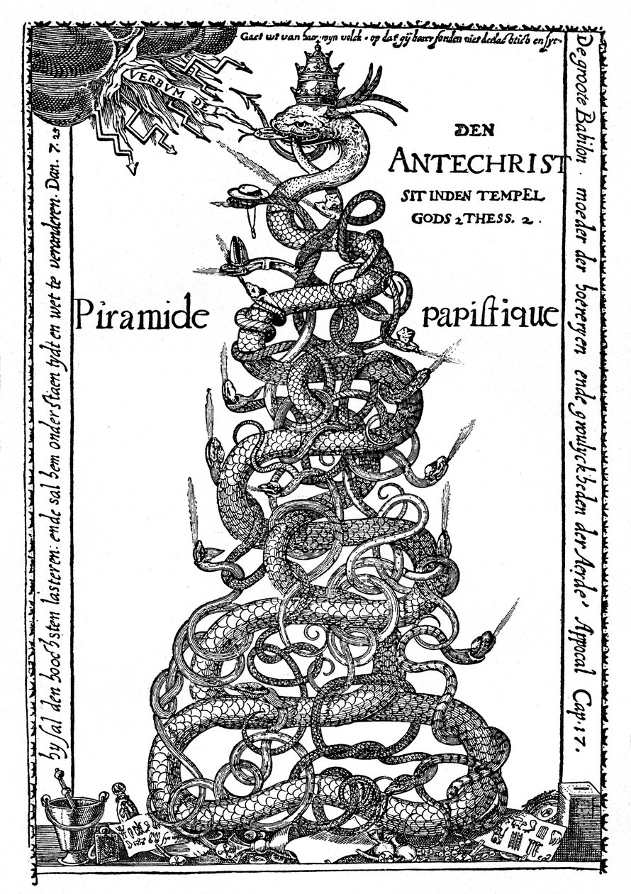 Holenderski rycina satyryczna zatytułowana „Piramida Papieska” autorstwa Albrecht Dürer