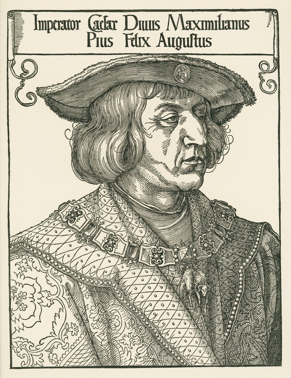 Cesarz Maksymilian I, ok. 1519 r. (drzeworyt) autorstwa Albrecht Dürer or Duerer