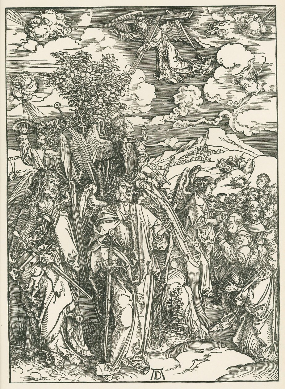 Czterech aniołów powstrzymujących wiatry i podpisanie Wybranych. Objawienie Świętego Jana, ok. 1497-98 (drzeworyt) autorstwa Albrecht Dürer or Duerer