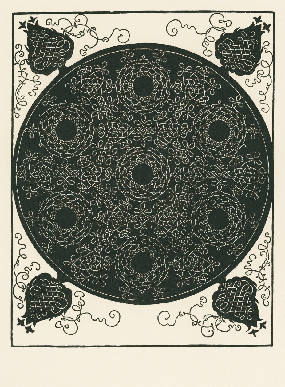 Węzeł z małym czarnym kółkiem w środku, powtórzony sześć razy. autorstwa Albrecht Dürer or Duerer