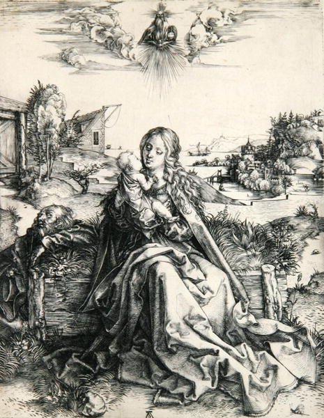 Madonna com um polonês de libélula (gravura) autorstwa Albrecht Dürer
