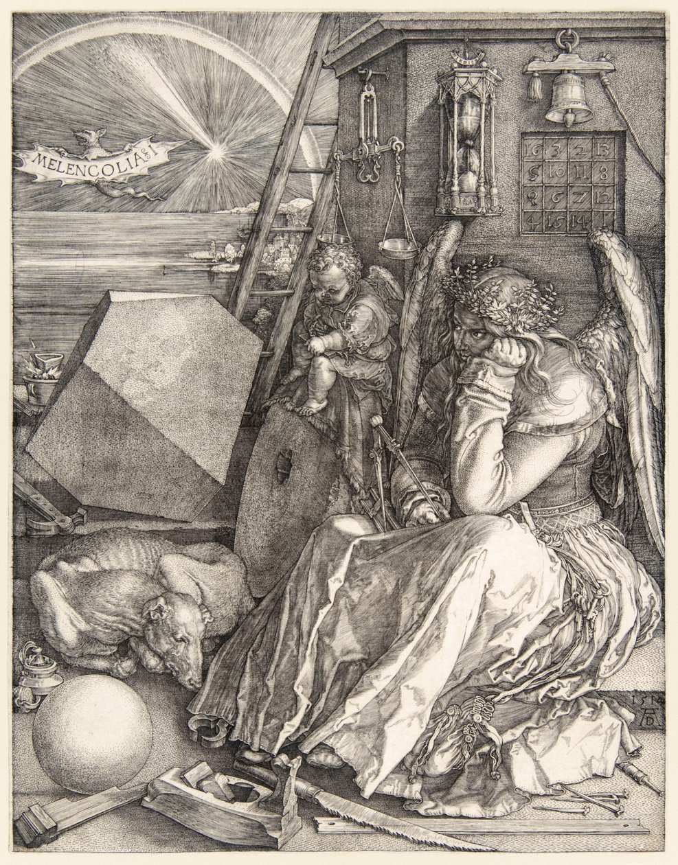 Melencolia I Albrechta Dürera (1471-1528) na jednym z jego 3 mistrzowskich rycin ukończonych w 1514 roku. autorstwa Albrecht Dürer