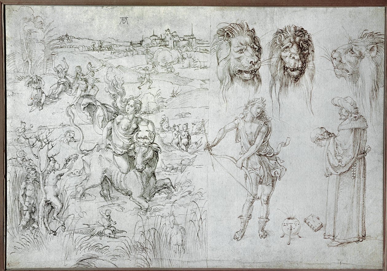Gwałt na Europie, głowy lwów, łucznik, mędrzec, czaszka (rysunek) autorstwa Albrecht Dürer or Duerer